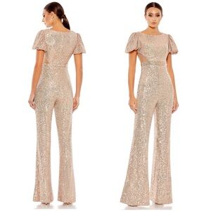NWT Mac Duggal Sequined Puff Shoulder Illusion Cut Out Jumpsuit